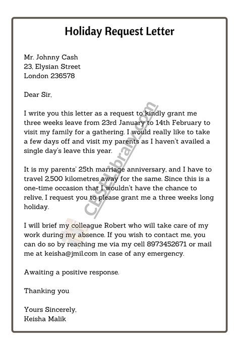 how to write a holiday request letter for work