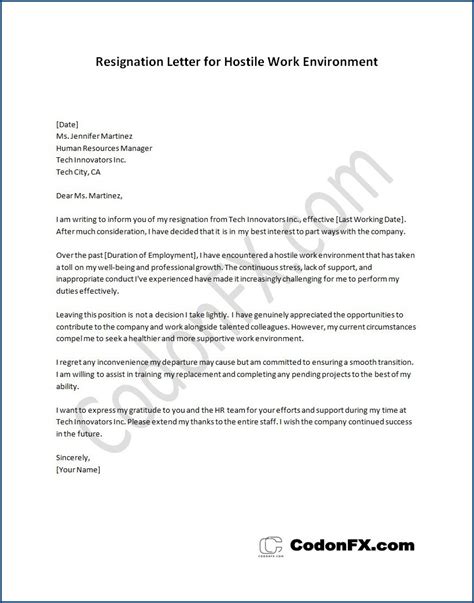 how to write a letter of resignation due to hostile work environment sample