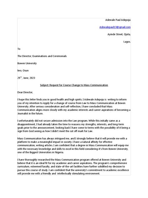 how to write a letter to change course in college