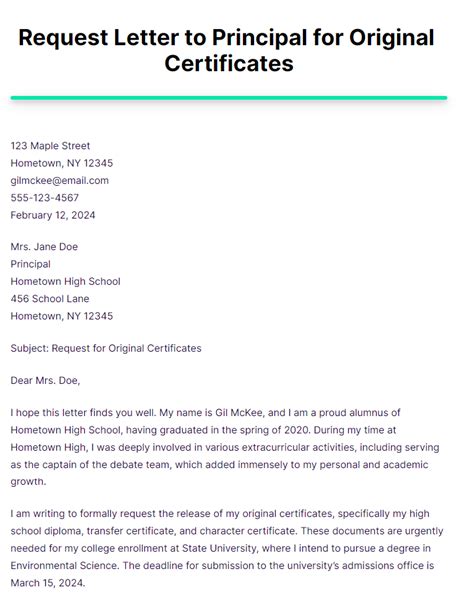 how to write a letter to principal for asking certificates