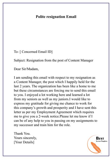 how to write a polite resignation email