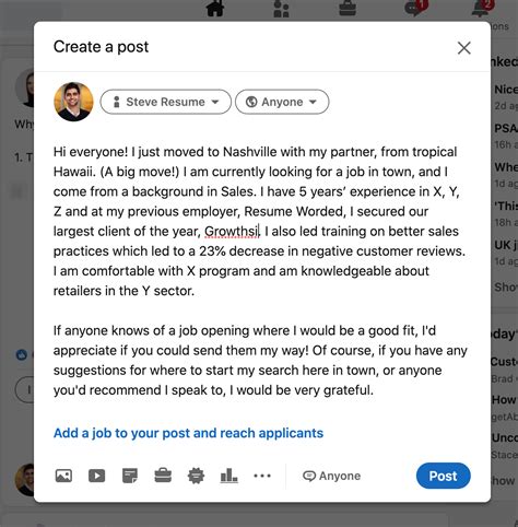 how to write a post on linkedin looking for job