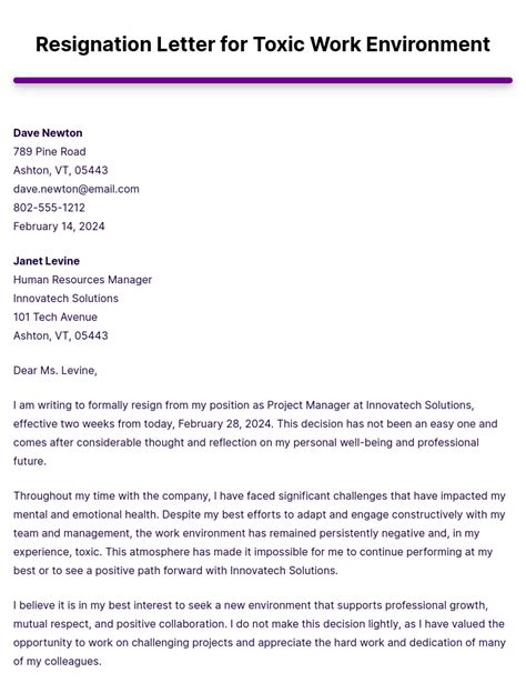 how to write a resignation letter due to hostile work environment