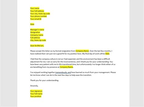 how to write a resignation letter for a job that isn't a good fit