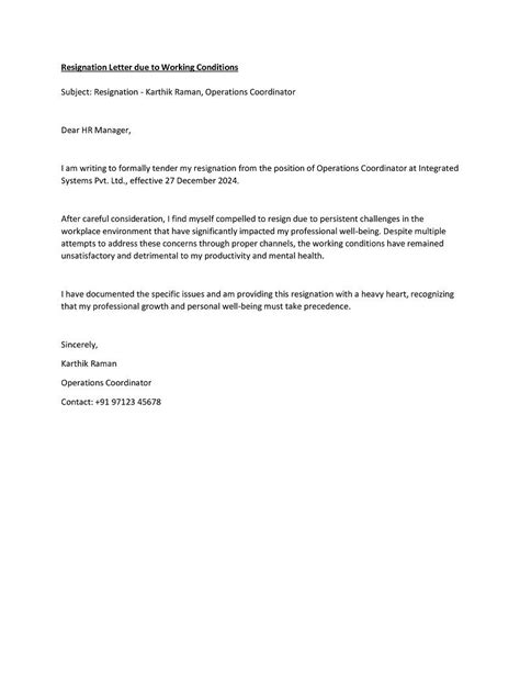 how to write a resignation letter for unsatisfactory working conditions