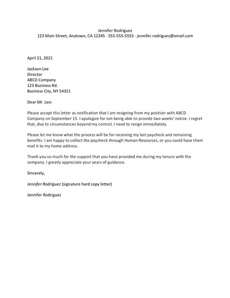 how to write a resignation letter for work without notice