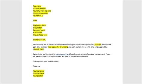 how to write a resignation letter from a full time to a part time job