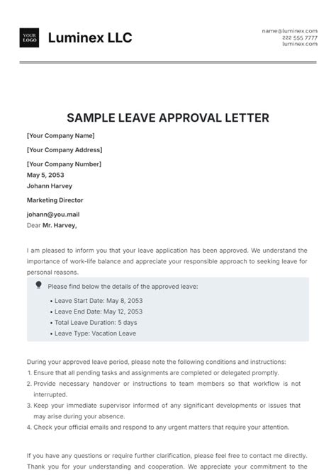 how to write a sample leave approval letter