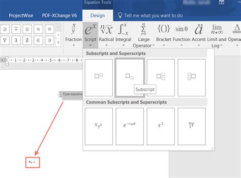 how to write a subscript in word equation