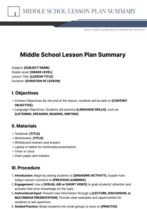 how to write a summary middle school template