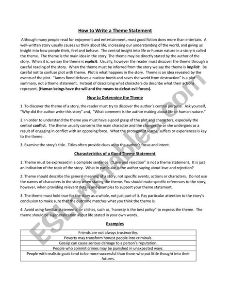 how to write a theme statement worksheet