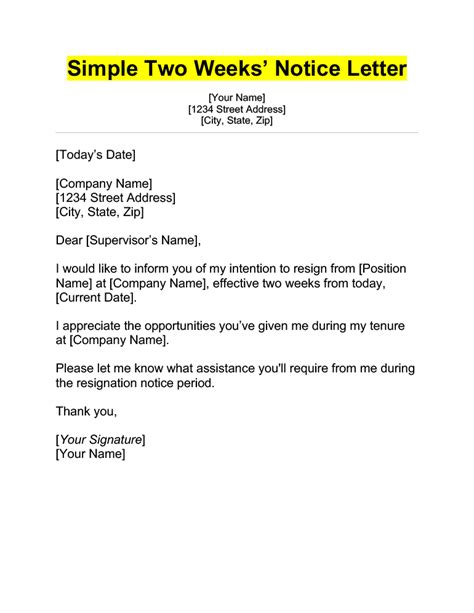 how to write a two week notice for work