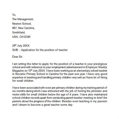 how to write an application letter for teaching