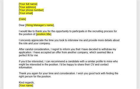 how to write an email to withdraw job offer