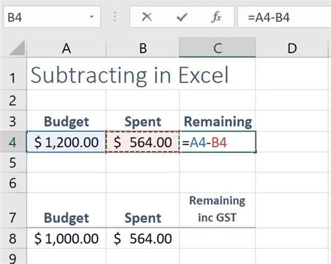 how to write an excel formula for subtraction
