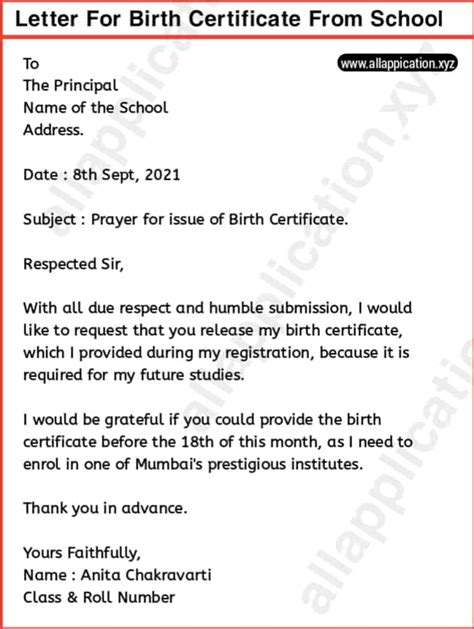 how to write application for birth certificate in school in english