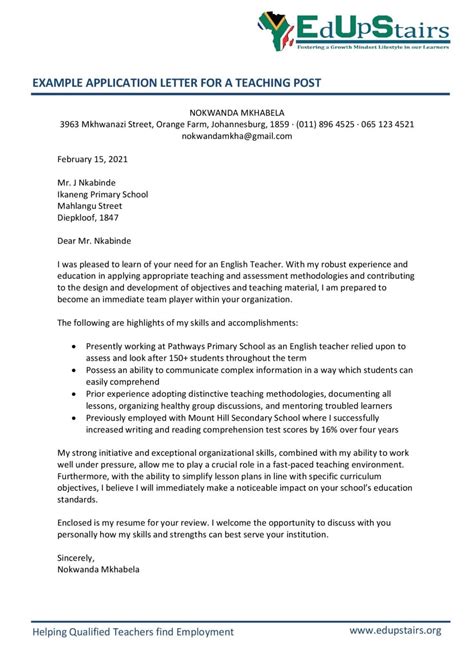 how to write application letter for teaching post