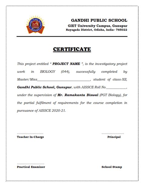how to write certificate for biology project class 12