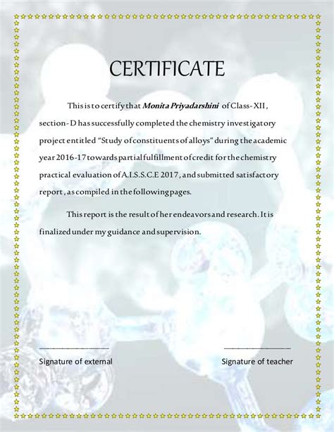 how to write certificate for chemistry project class 12