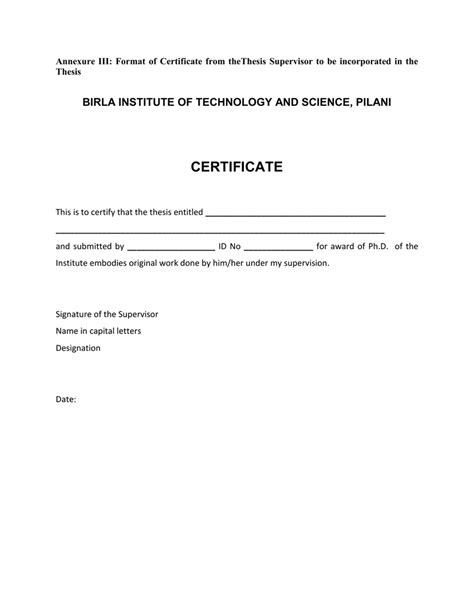 how to write certificate for thesis