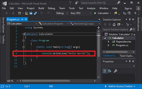 how to write code in visual studio c#