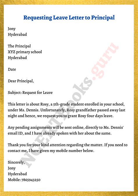 how to write formal letter to principal for absence