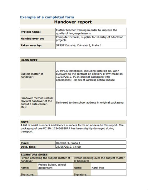 how to write handing over report sample in word