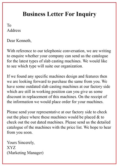 how to write inquiry letter