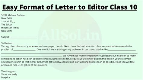 how to write letter to editor class 10 format
