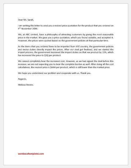 how to write revised quotation letter