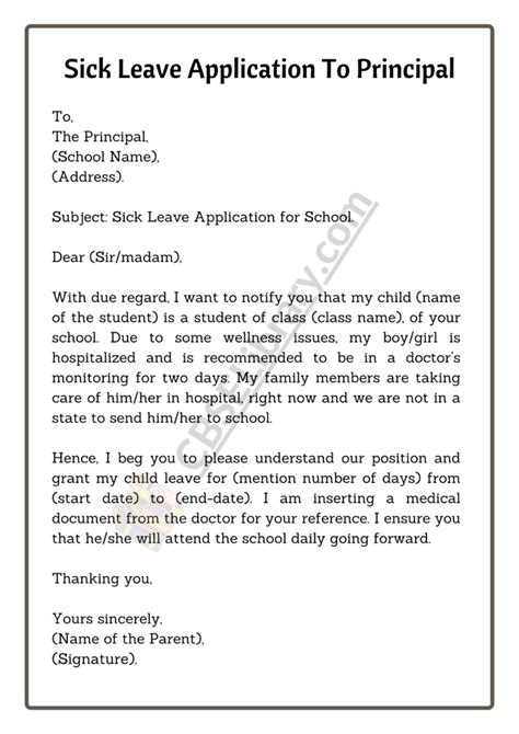 how to write sick leave application for school by parents