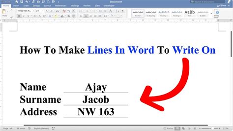 how to write text on line in word
