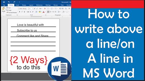 how to write text over a line in word