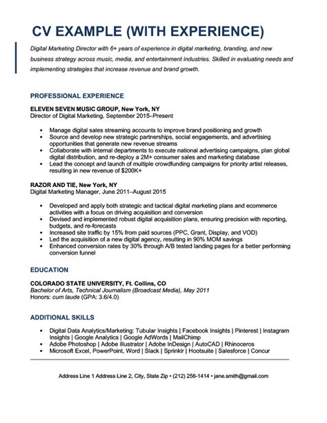 how to write work experience in curriculum vitae