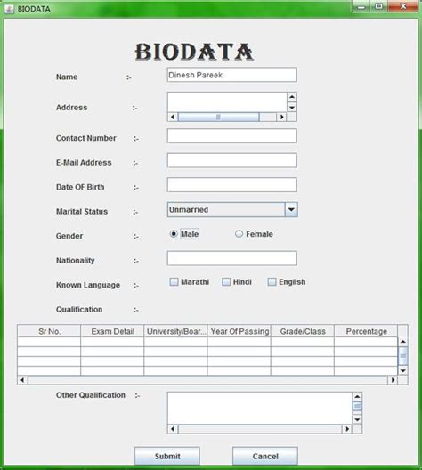 html code for creating biodata form