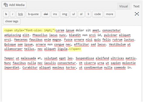 html code to change font size in wordpress