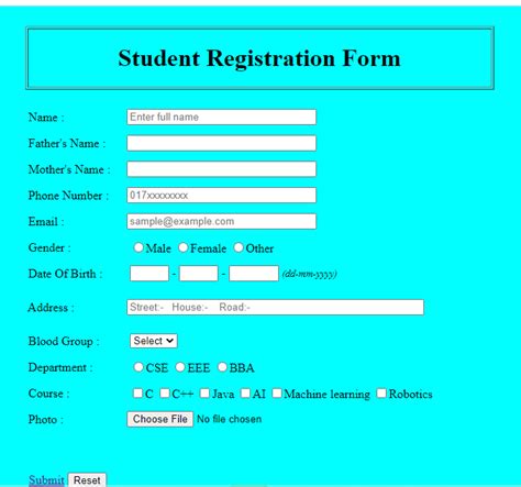html student registration form template