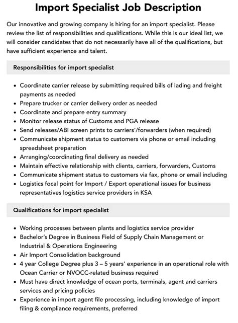 import documentation job description