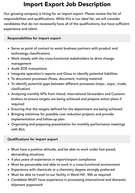 import export documentation job description