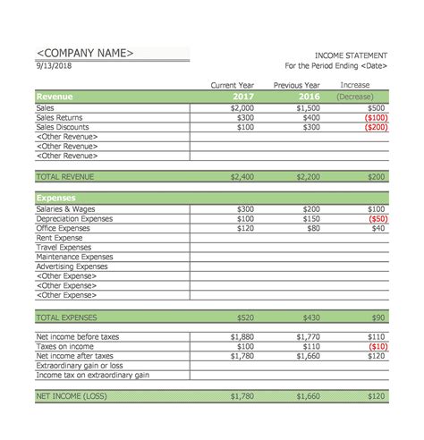 income statement in excel example