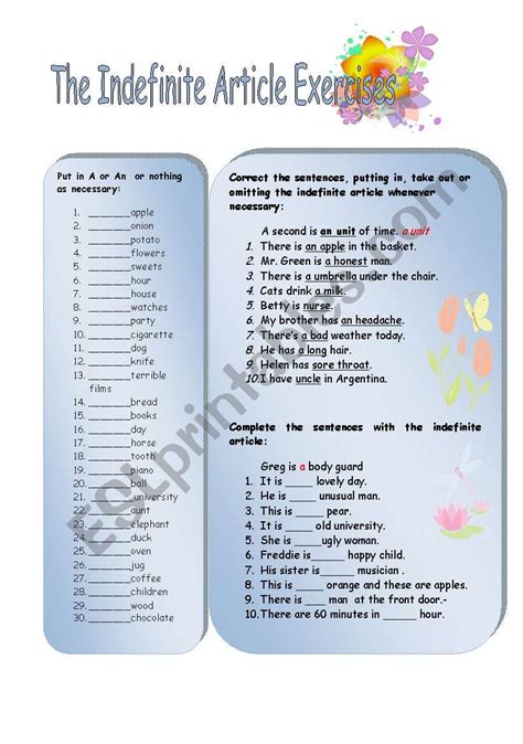 indefinite articles in english exercises