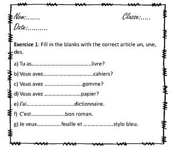 indefinite articles in french exercises for beginners