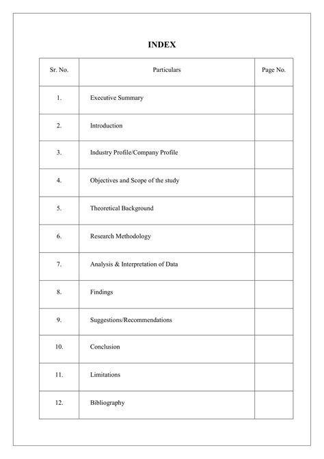 index page format for project report