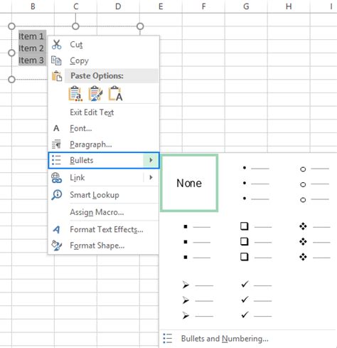 insert bullet point list in excel cell