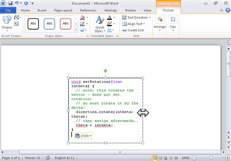 insert code in word online