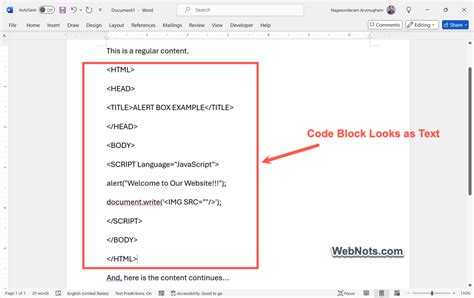 insert code text in word