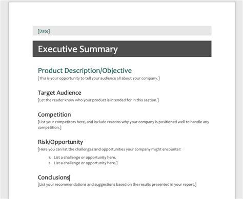insert executive summary in word