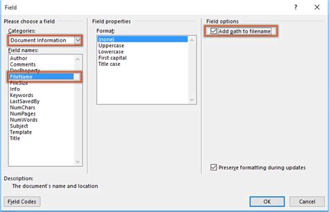 insert file name and path in word footer