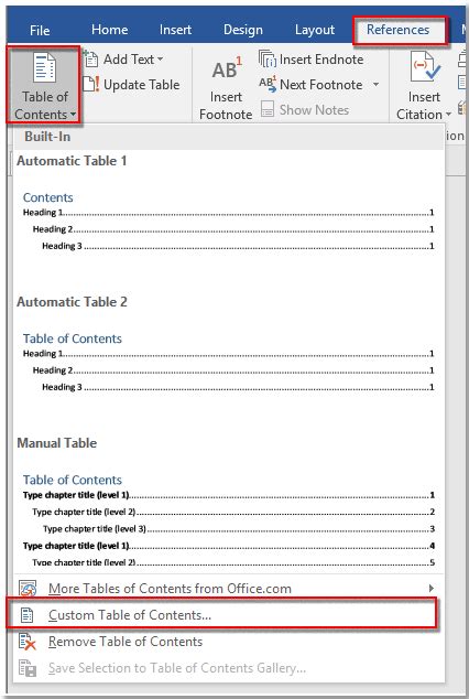 insert link to table of contents word