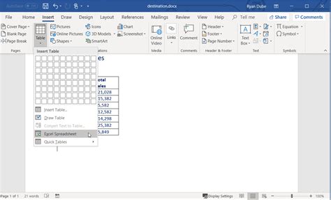 insert linked excel table in word